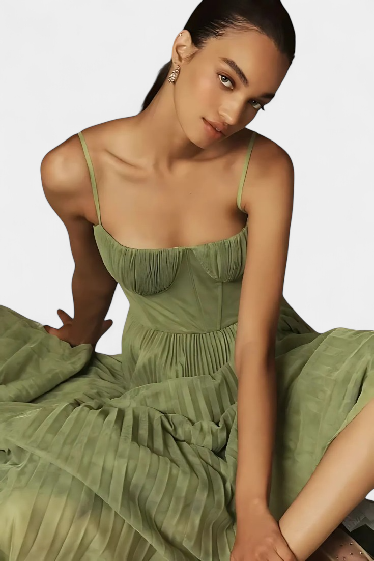 Ottilie Pleated Chiffon Dress with Sculpted Corset and Heart Neckline