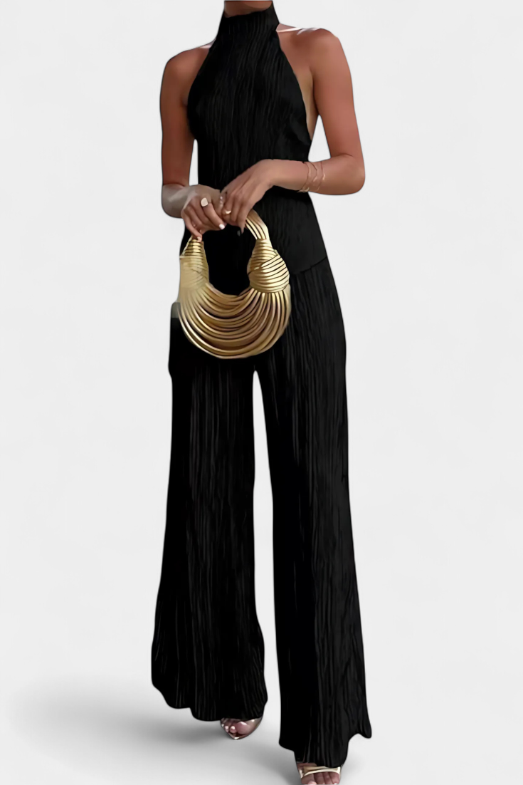 Pilarica Pleated Set with Asymmetrical Halter Top and Flowing Pants