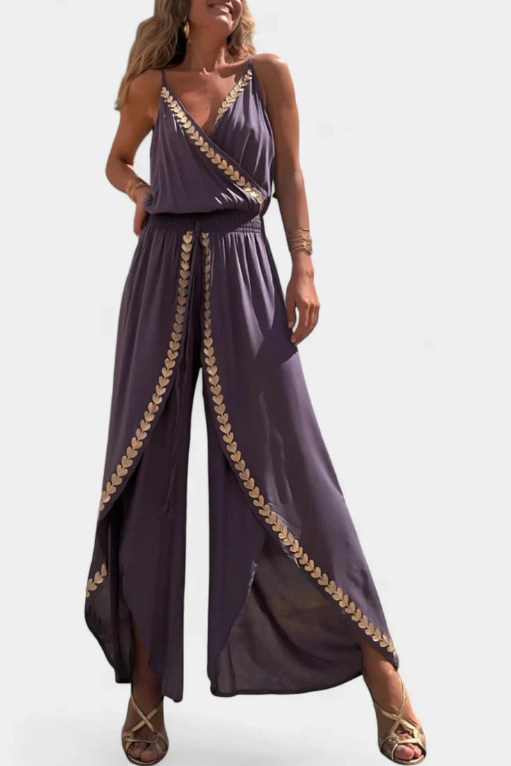 Donatila Unique Jumpsuit with Golden Details and Open Leg