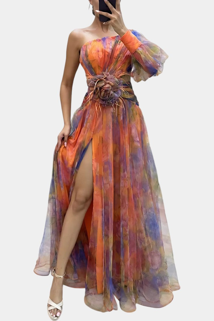 Amelie Asymmetrical One-Shoulder Maxi Dress with Artistic Print