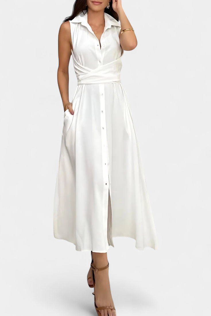 Meryl Button-Up Shirt Dress with Adjustable Bow