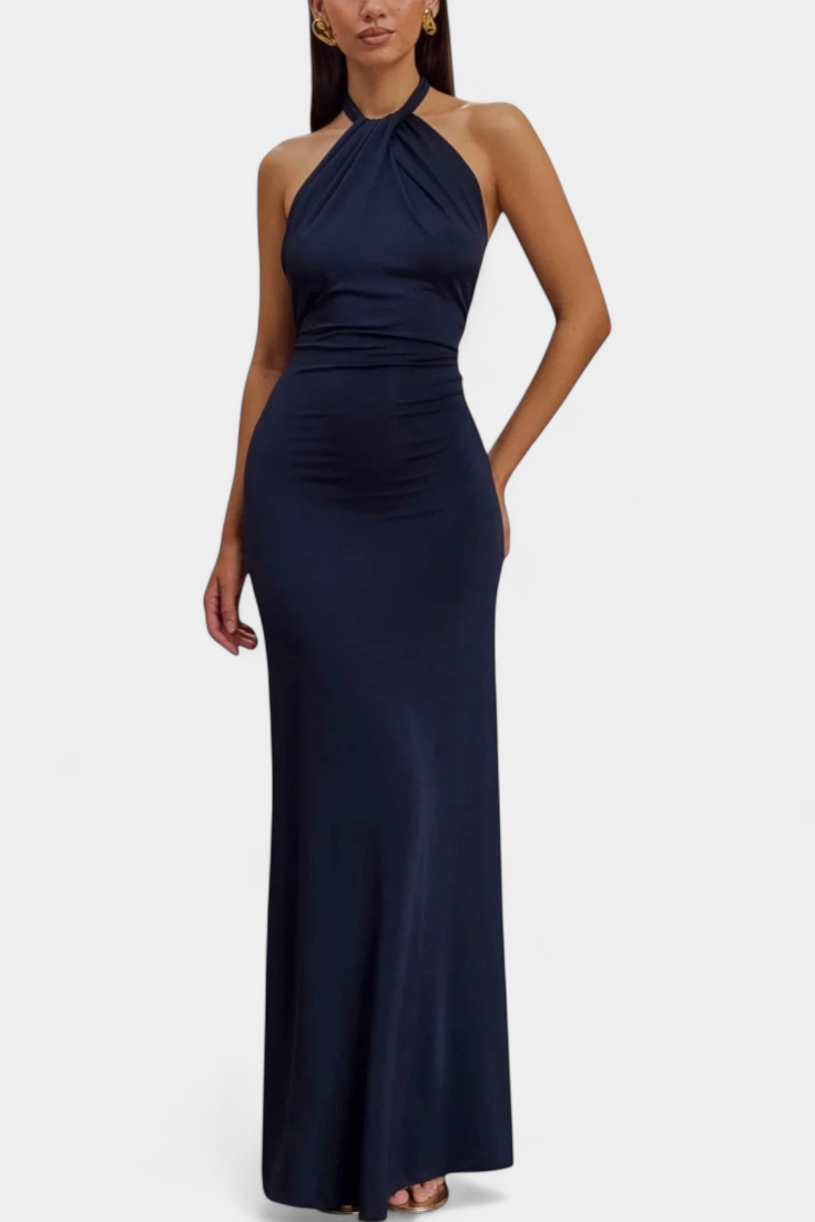 Trinity Fitted Halter Dress with Ruching and Open Back