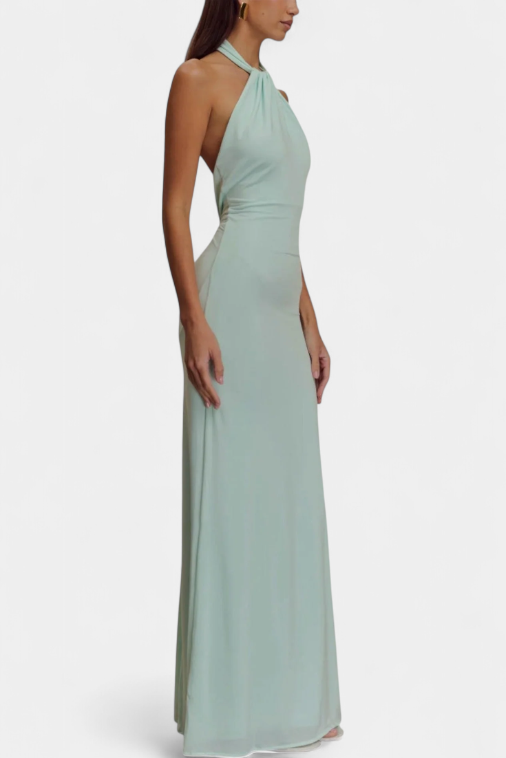 Trinity Fitted Halter Dress with Ruching and Open Back