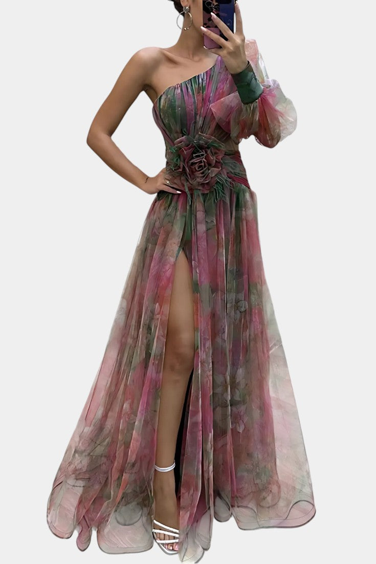 Amelie Asymmetrical One-Shoulder Maxi Dress with Artistic Print