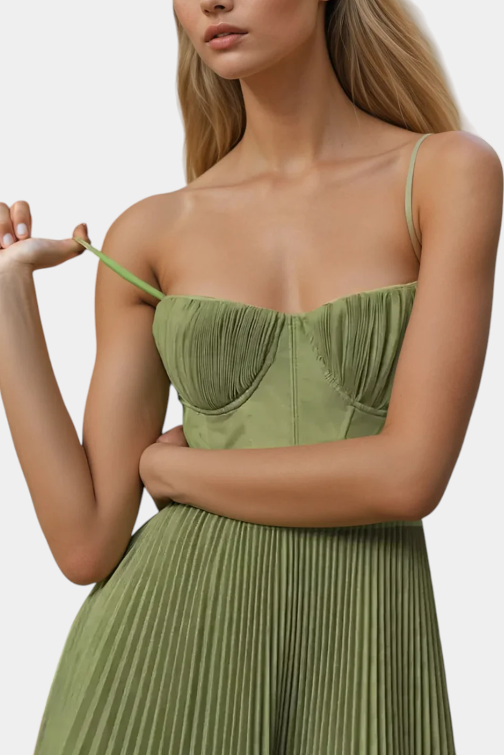 Ottilie Pleated Chiffon Dress with Sculpted Corset and Heart Neckline