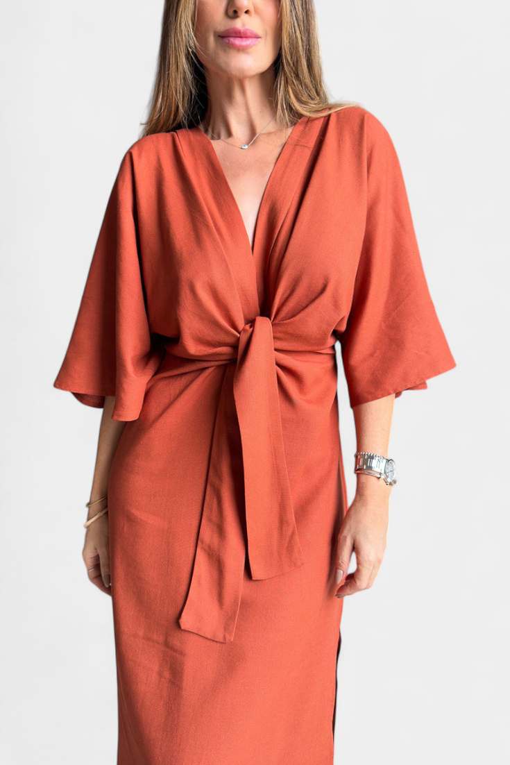 Ainhoa Casual Dress with Front Knot and V-Neck
