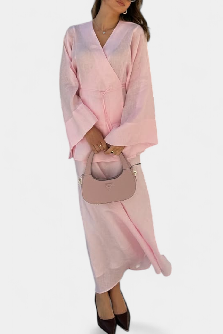Zelda V-Neck Shirt and Slit Skirt Set
