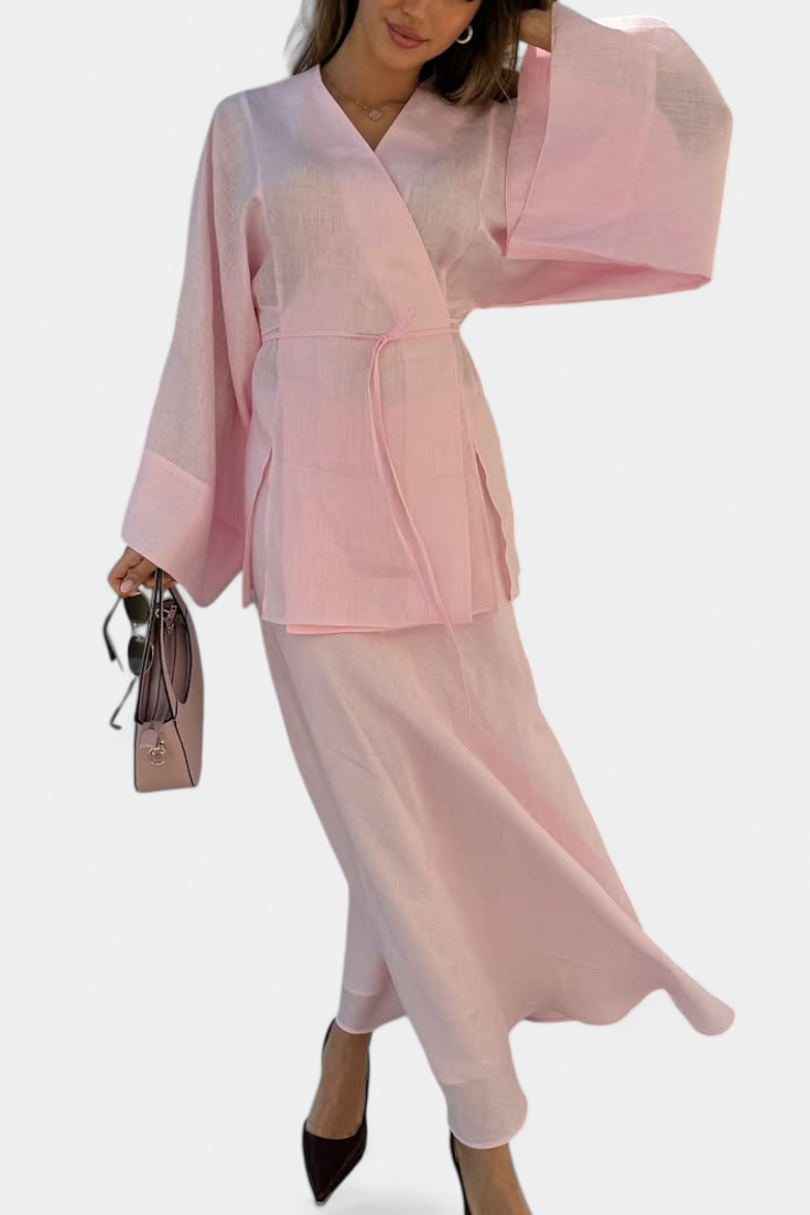 Zelda V-Neck Shirt and Slit Skirt Set