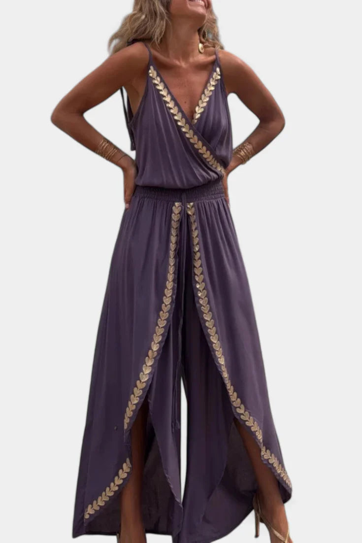 Donatila Unique Jumpsuit with Golden Details and Open Leg
