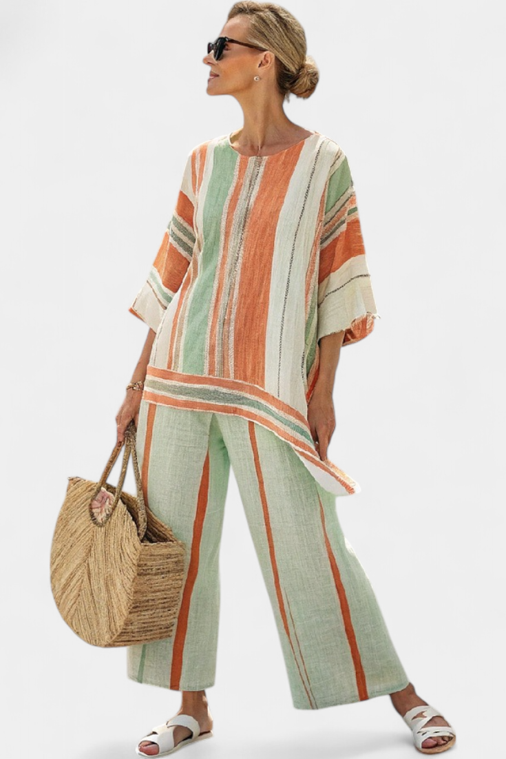 Elegant Bamboo Linen Striped Set with Asymmetrical Blouse and Wide Pants for a Refined Style