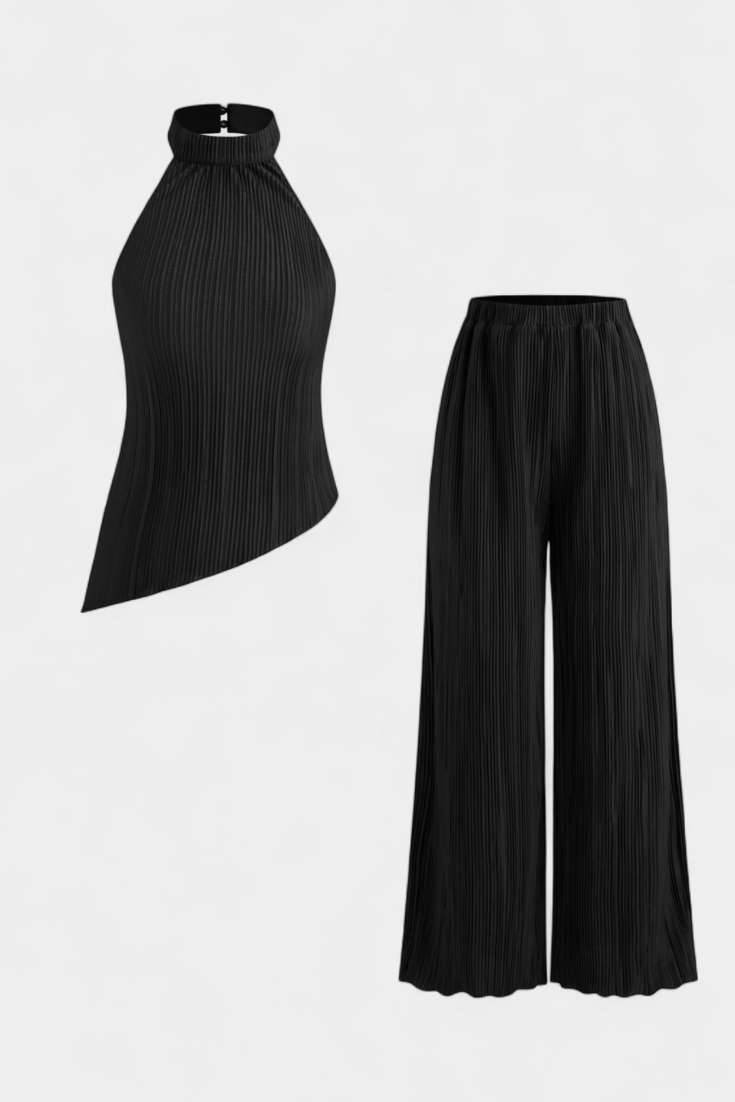 Pilarica Pleated Set with Asymmetrical Halter Top and Flowing Pants