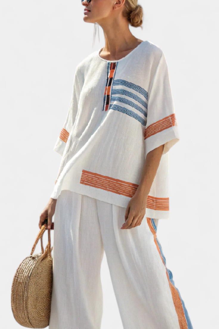 Daisy Ethnic Set in White with Blue and Orange Striped Details – Unique and Vibrant Style