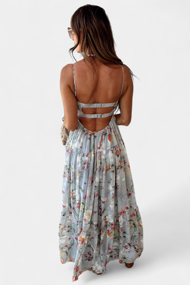 Neha Floral Dress with Open Back and Thin Straps