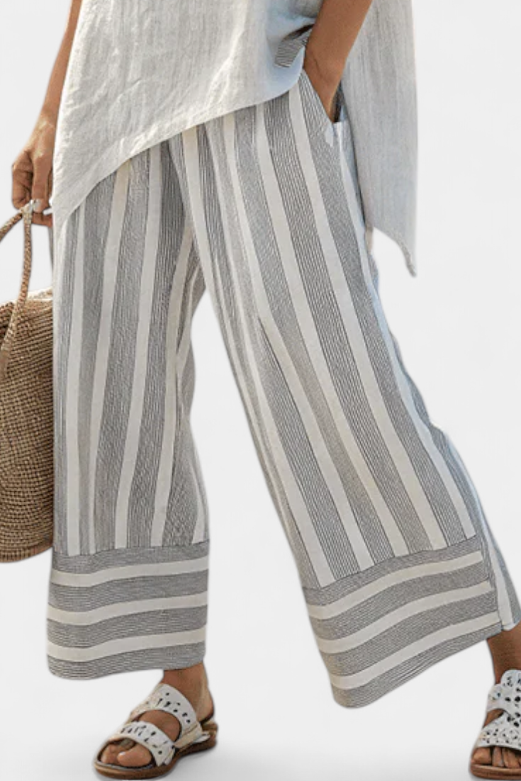 Daisy Complete Set of Asymmetrical Blouse and Striped Pants for a Modern and Elegant Style