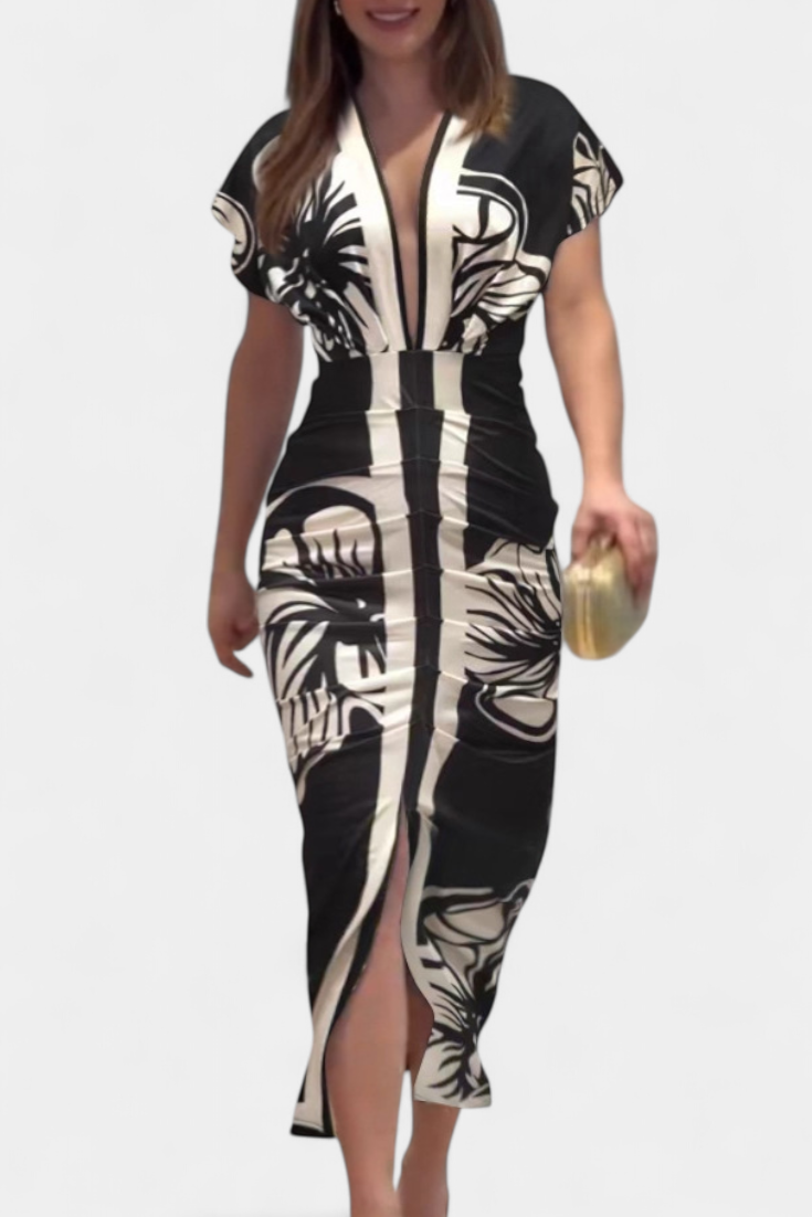 Diva Long Dress with Floral Print, V-Neck and Side Slit
