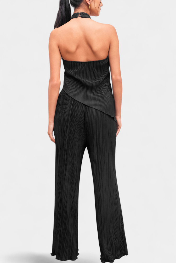 Pilarica Pleated Set with Asymmetrical Halter Top and Flowing Pants