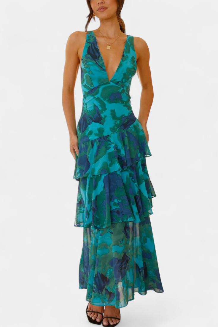 Sunday Dress in Georgette with V-Neck and Flowing Layers