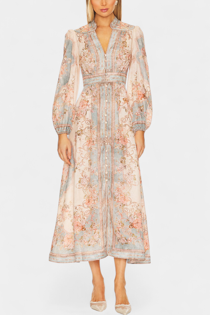 Dorotila Maxi Flared Dress with Floral Print, Buttons, and Balloon Sleeves