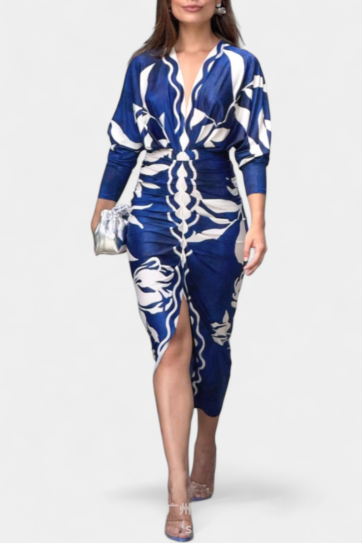 Diva Long Dress with Floral Print, V-Neck and Side Slit