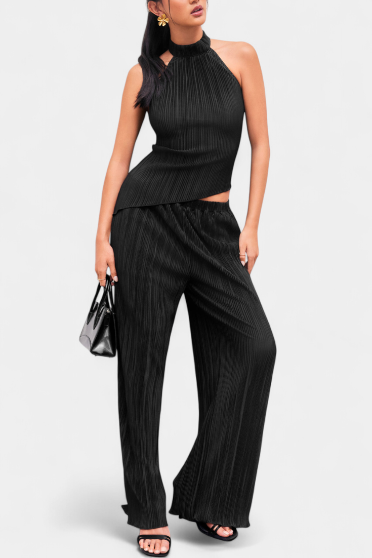 Pilarica Pleated Set with Asymmetrical Halter Top and Flowing Pants