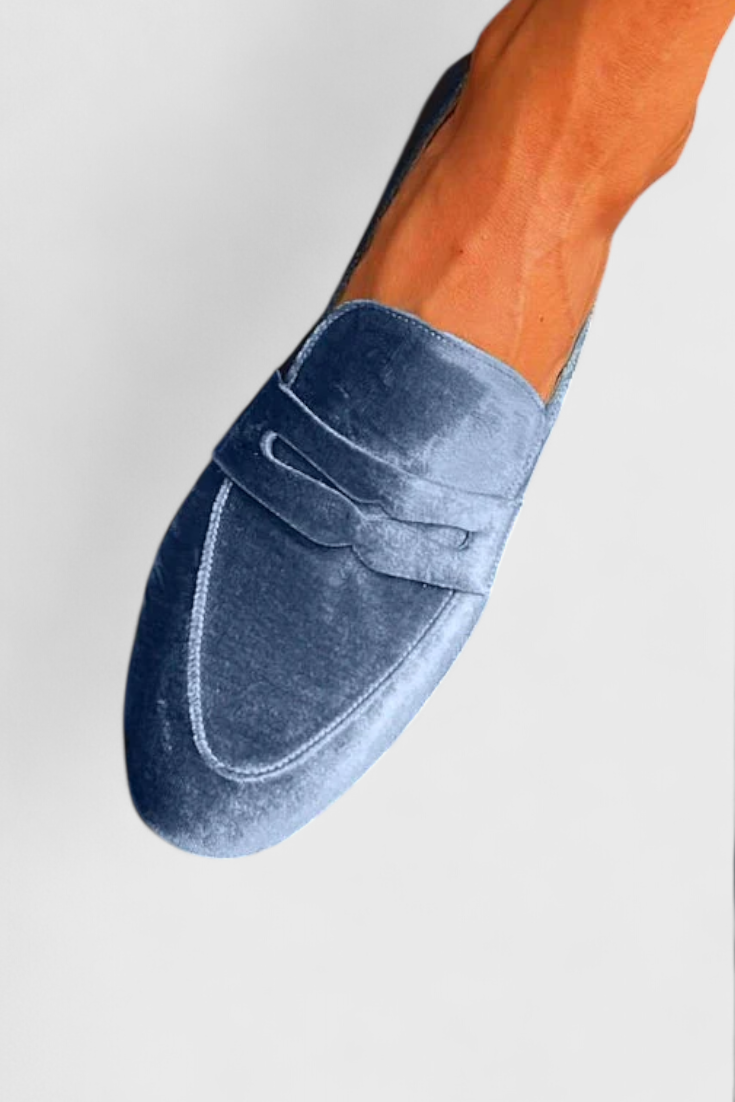 Llnica Blue Velvet Loafers with Patchwork Detail and Round Toe