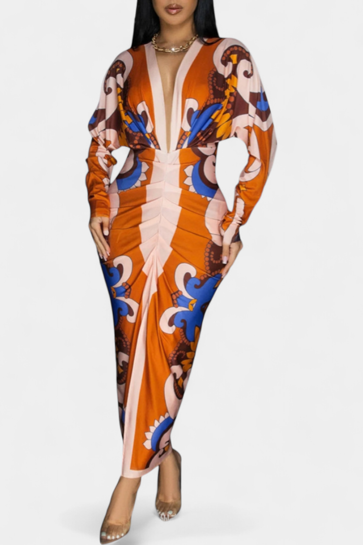 Diva Long Dress with Floral Print, V-Neck and Side Slit