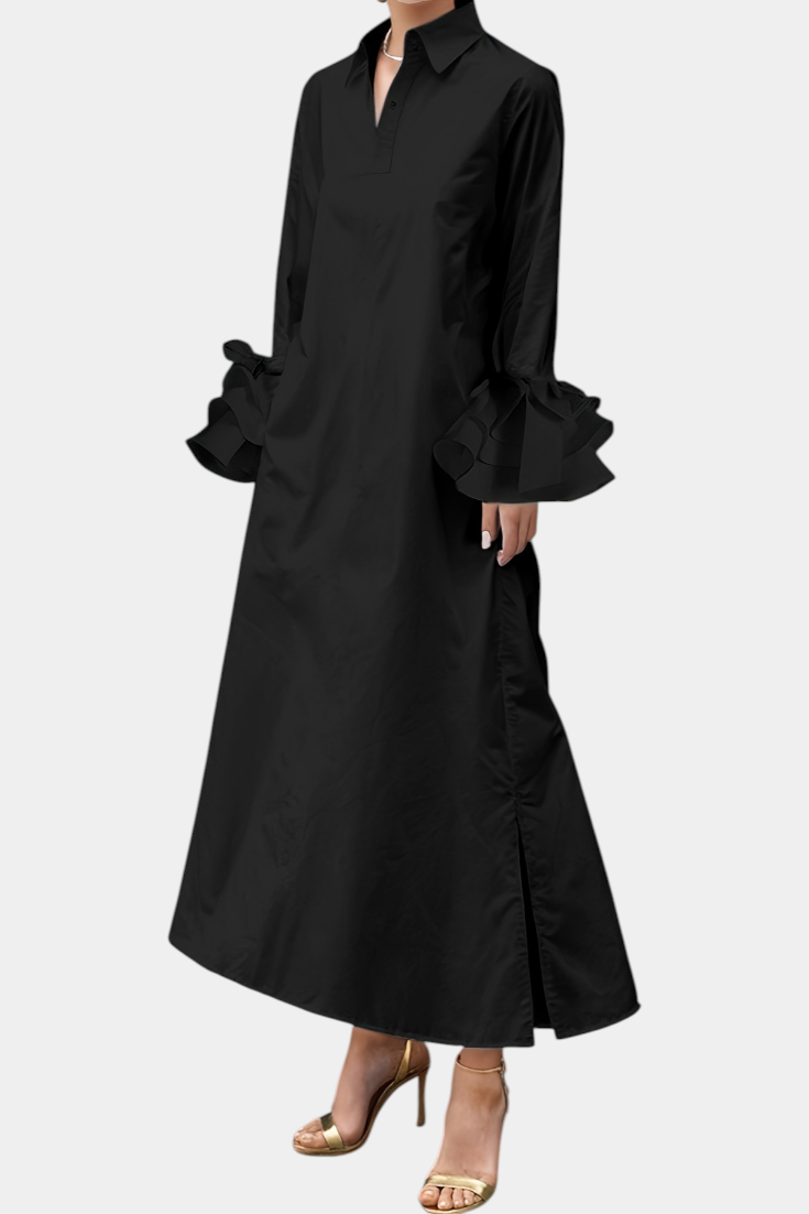 Ramona | Long Urban Dress with Shirt Collar and Ruffled Sleeves - Limited Edition