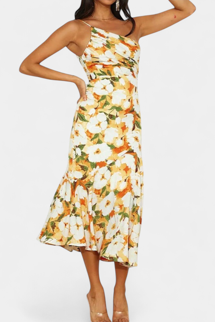 Reya Asymmetrical One-Shoulder Floral Print Dress