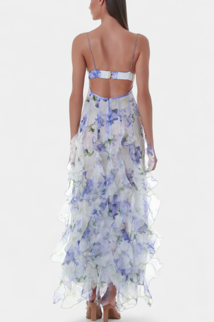 Bonnie Maxi Dress with Floral Ruffles and Side Cutouts