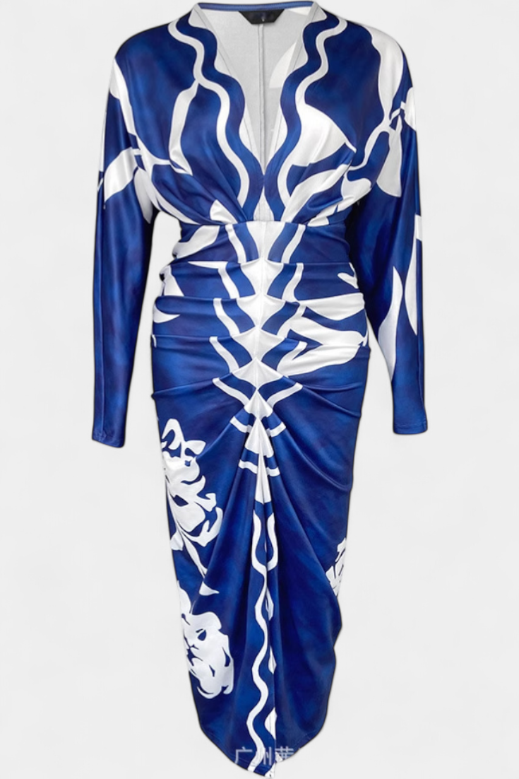 Diva Long Dress with Floral Print, V-Neck and Side Slit