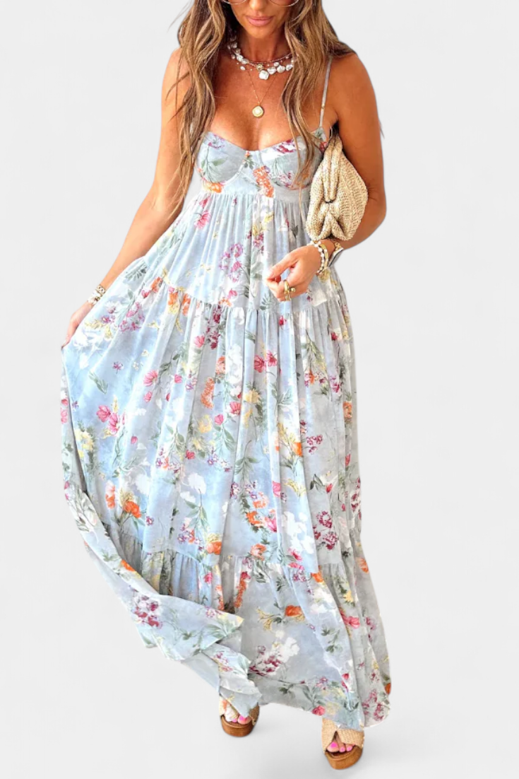 Neha Floral Dress with Open Back and Thin Straps