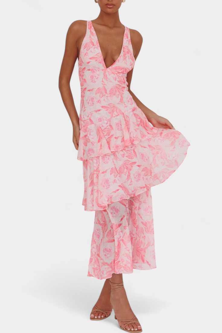 Sunday Dress in Georgette with V-Neck and Flowing Layers
