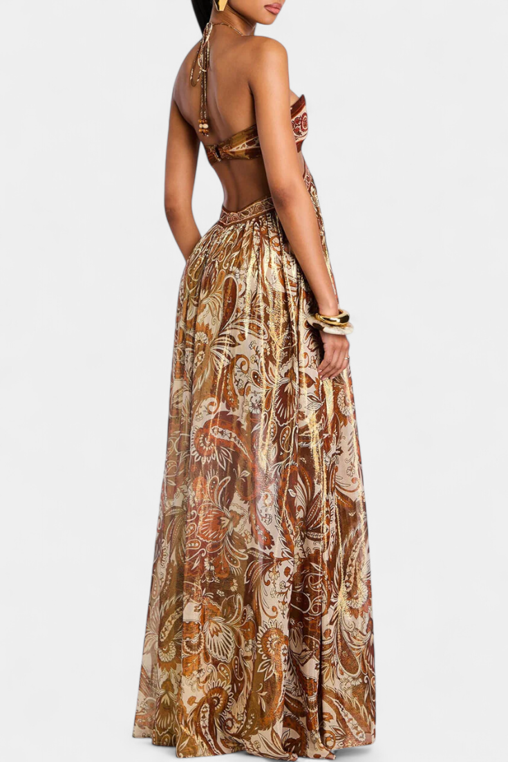Tasha Maxi Halter Dress with Open Back and Cutout Details