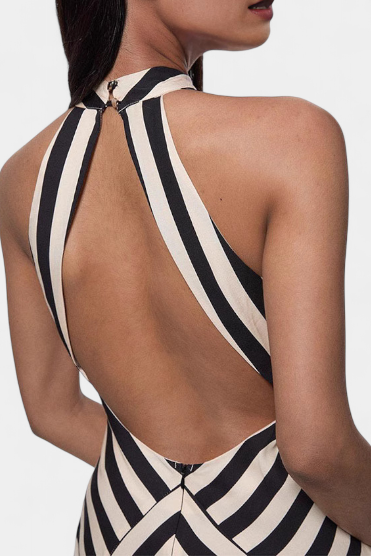 Crispina Maxi Halter Dress with Chevron Stripes and Open Back
