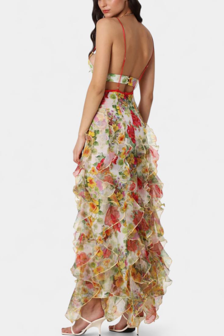 Bonnie Maxi Dress with Floral Ruffles and Side Cutouts