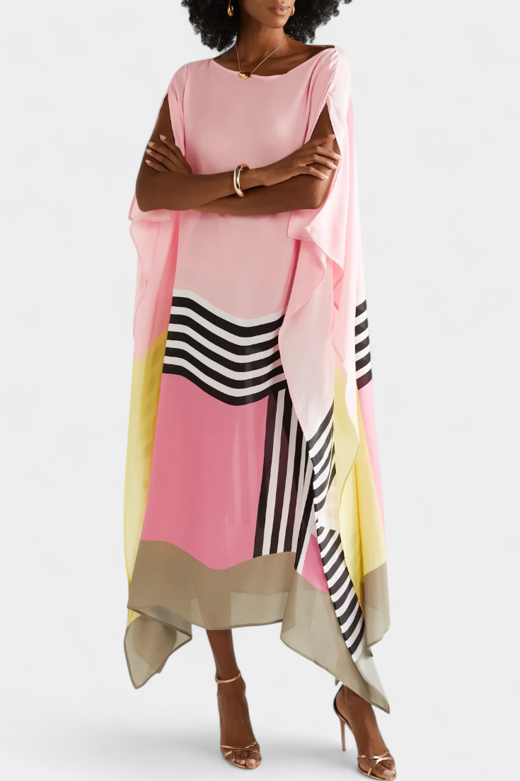 Elenora Geometric Caftan with Wide Cut and Butterfly Mesh Fabric