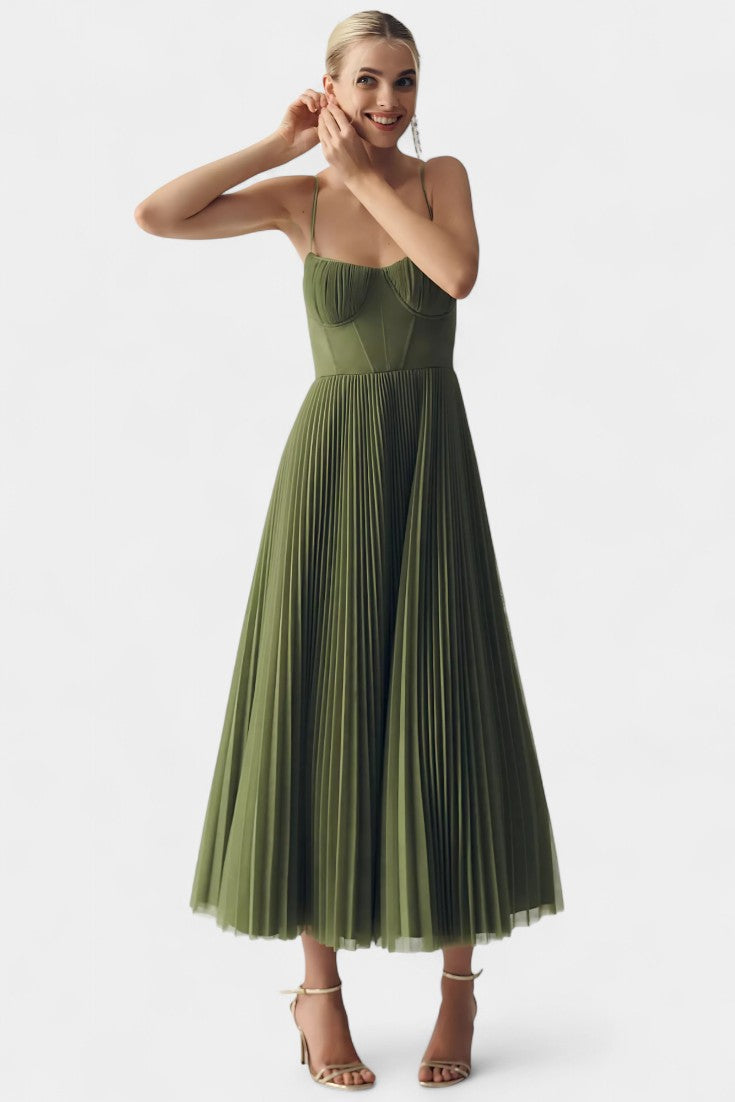 Ottilie Pleated Chiffon Dress with Sculpted Corset and Heart Neckline