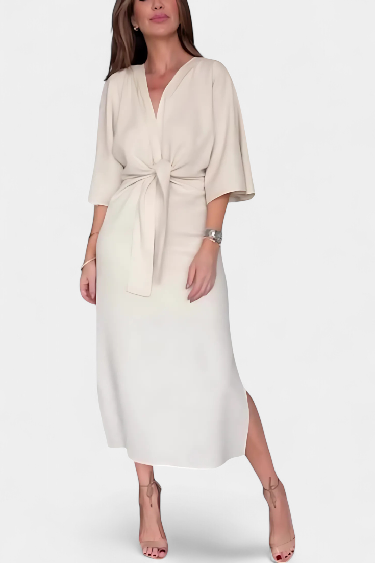 Ainhoa Casual Dress with Front Knot and V-Neck