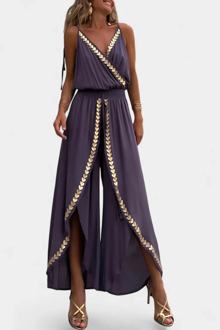 Donatila Unique Jumpsuit with Golden Details and Open Leg