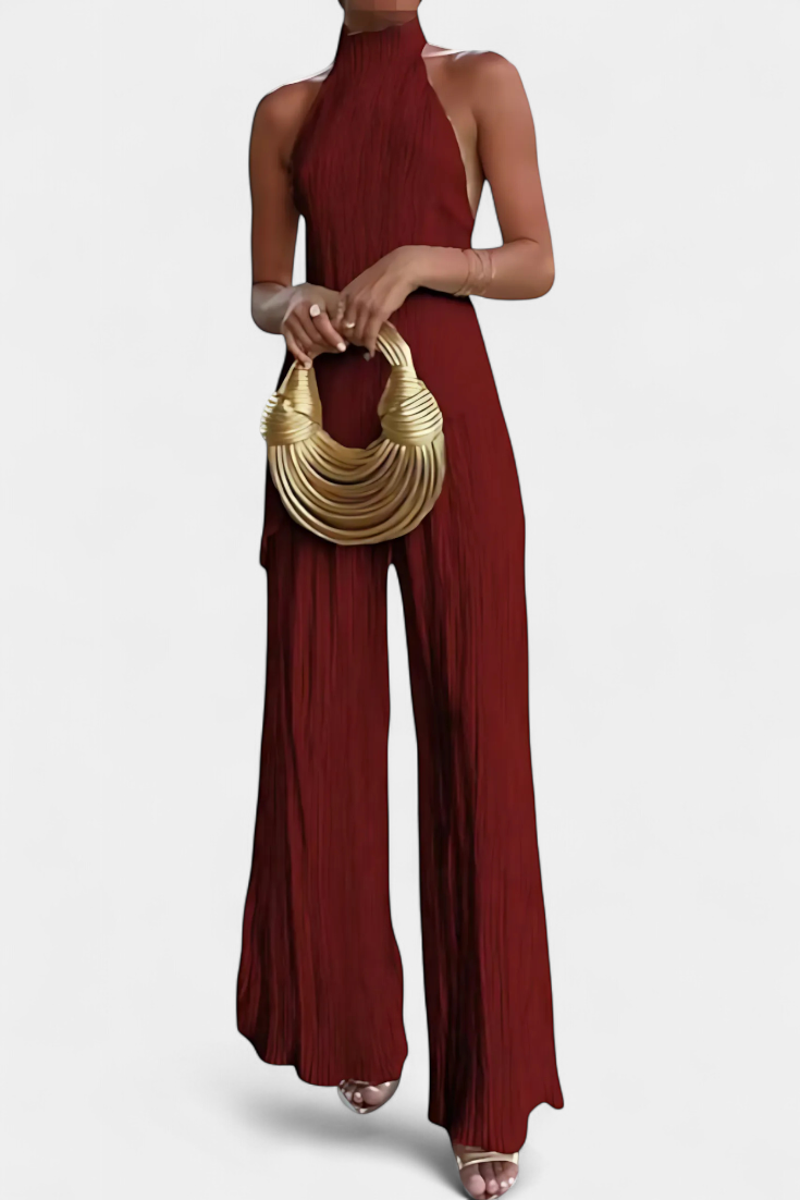 Pilarica Pleated Set with Asymmetrical Halter Top and Flowing Pants