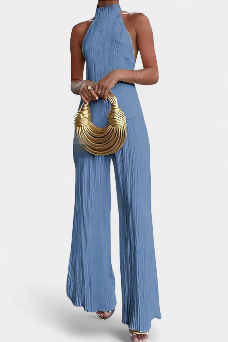 Pilarica Pleated Set with Asymmetrical Halter Top and Flowing Pants