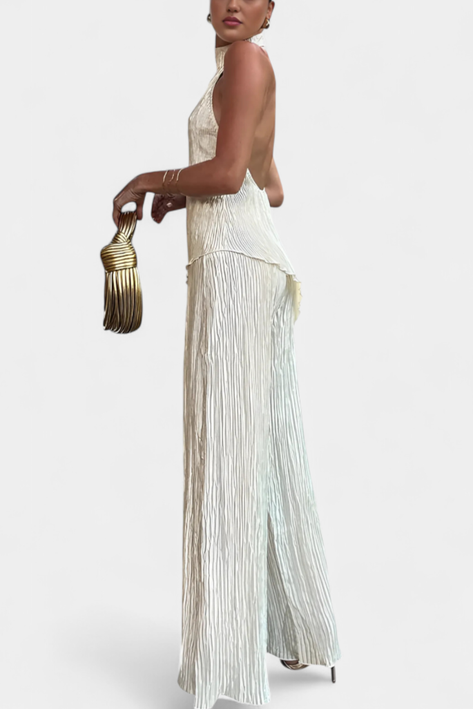 Pilarica Pleated Set with Asymmetrical Halter Top and Flowing Pants