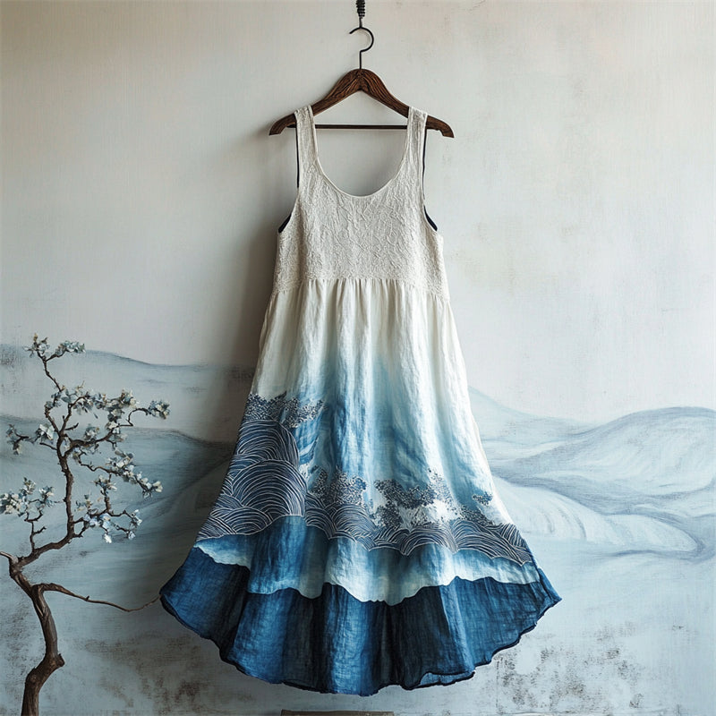Japanese Sea Waves Art Lace Patchwork Flowy Linen Dress