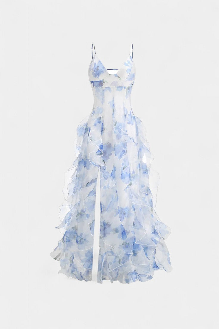 Bonnie Maxi Dress with Floral Ruffles and Side Cutouts