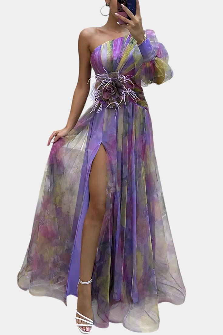 Amelie Asymmetrical One-Shoulder Maxi Dress with Artistic Print