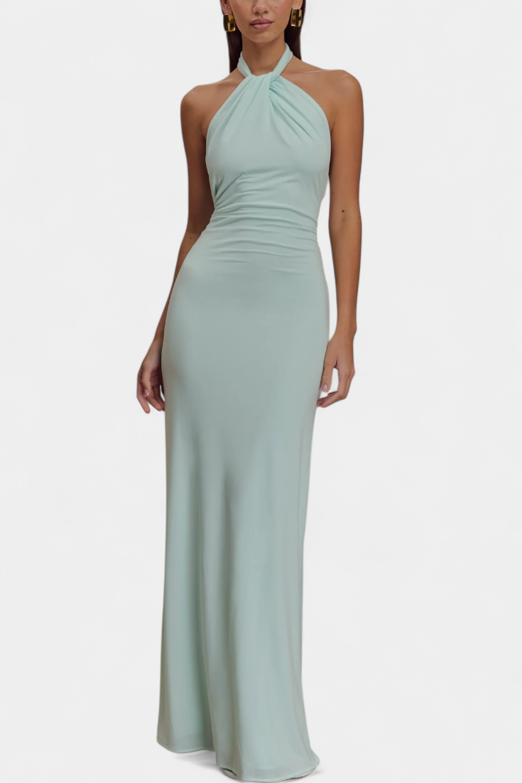 Trinity Fitted Halter Dress with Ruching and Open Back