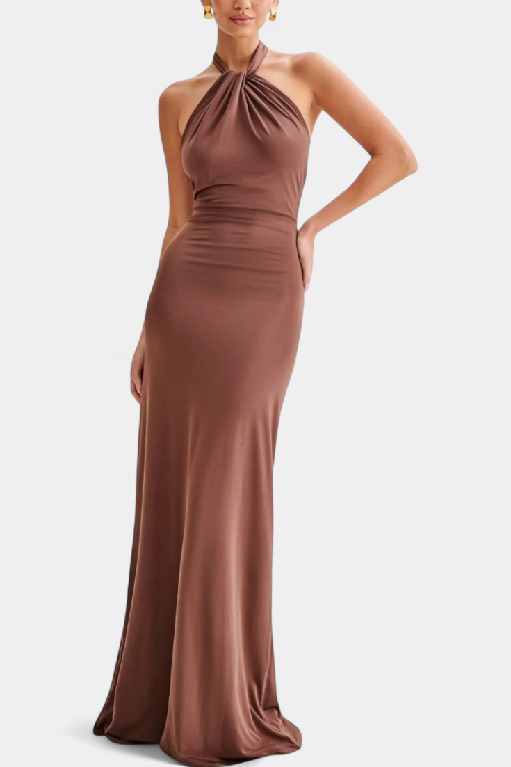 Trinity Fitted Halter Dress with Ruching and Open Back