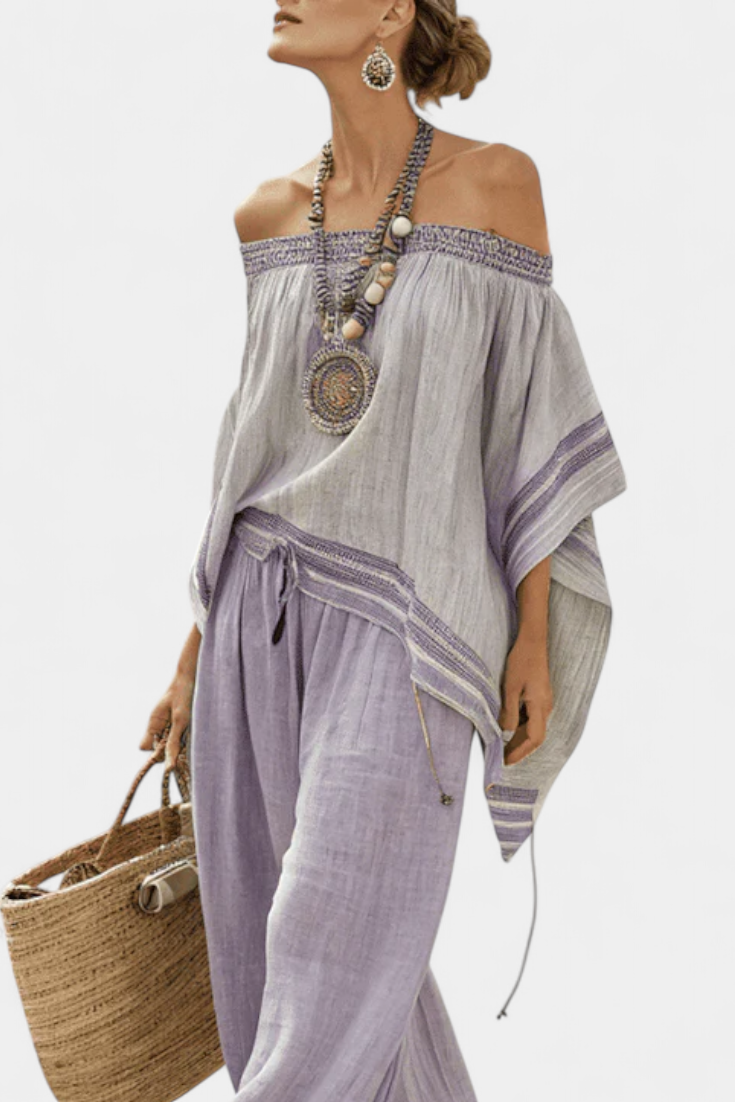 Complete bamboo linen outfit with off-shoulder top and wide-leg pants for an elegant and fresh style