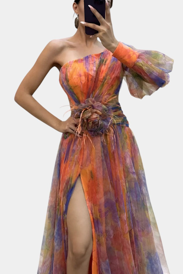 Amelie Asymmetrical One-Shoulder Maxi Dress with Artistic Print