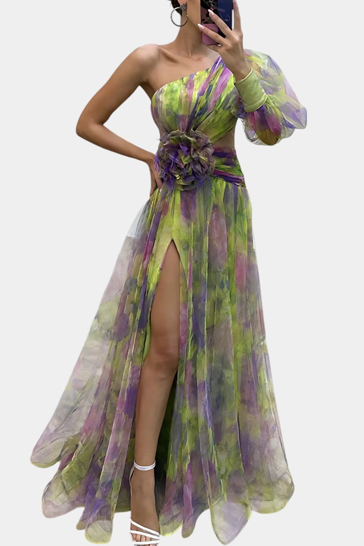 Amelie Asymmetrical One-Shoulder Maxi Dress with Artistic Print